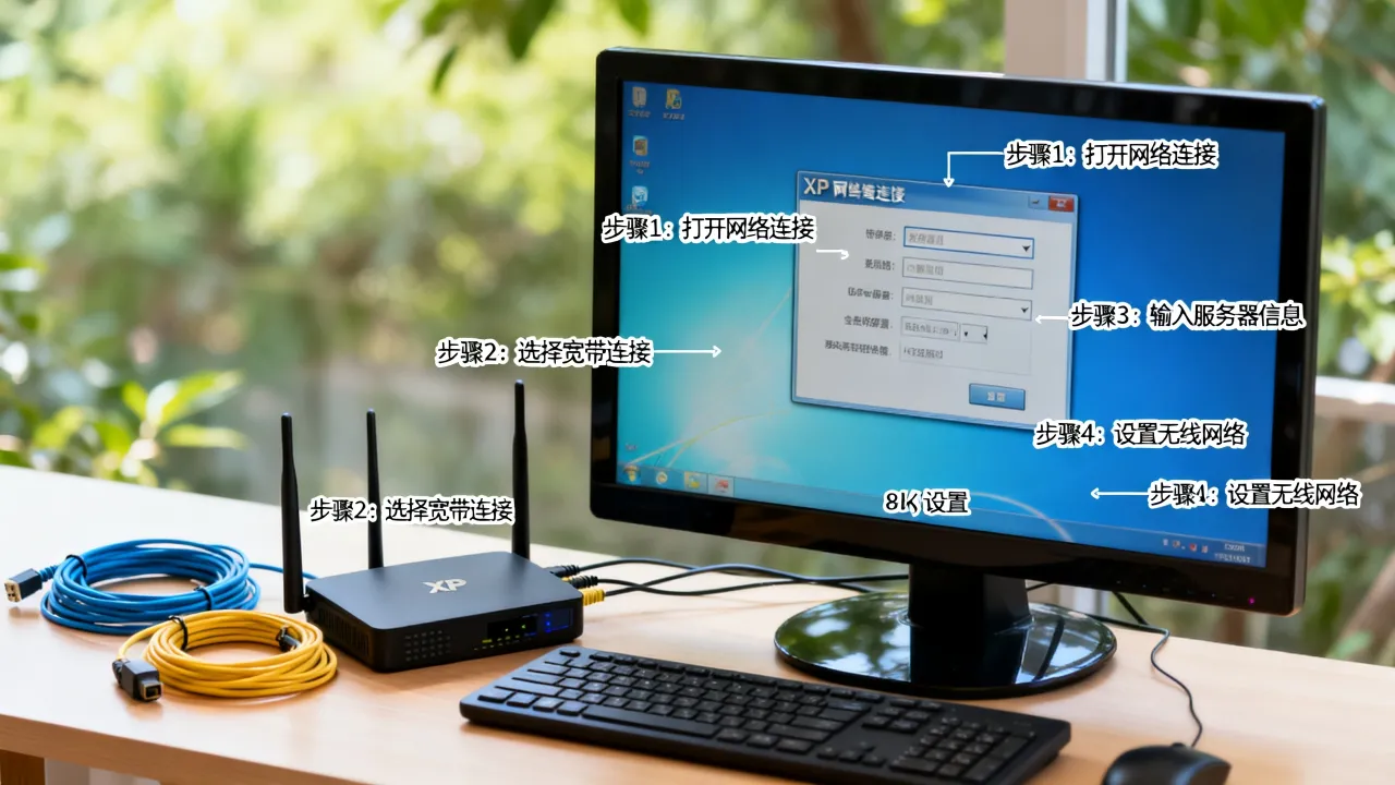 xp系统怎么添加宽带连接无线网络连接服务器，怎么设置网络连接？